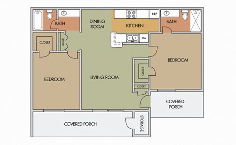 Floor plan for 2 beds, 2 baths, 902 sqft
